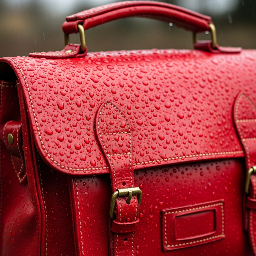 Sac en cuir rouge humide avec des gouttes d'eau visibles